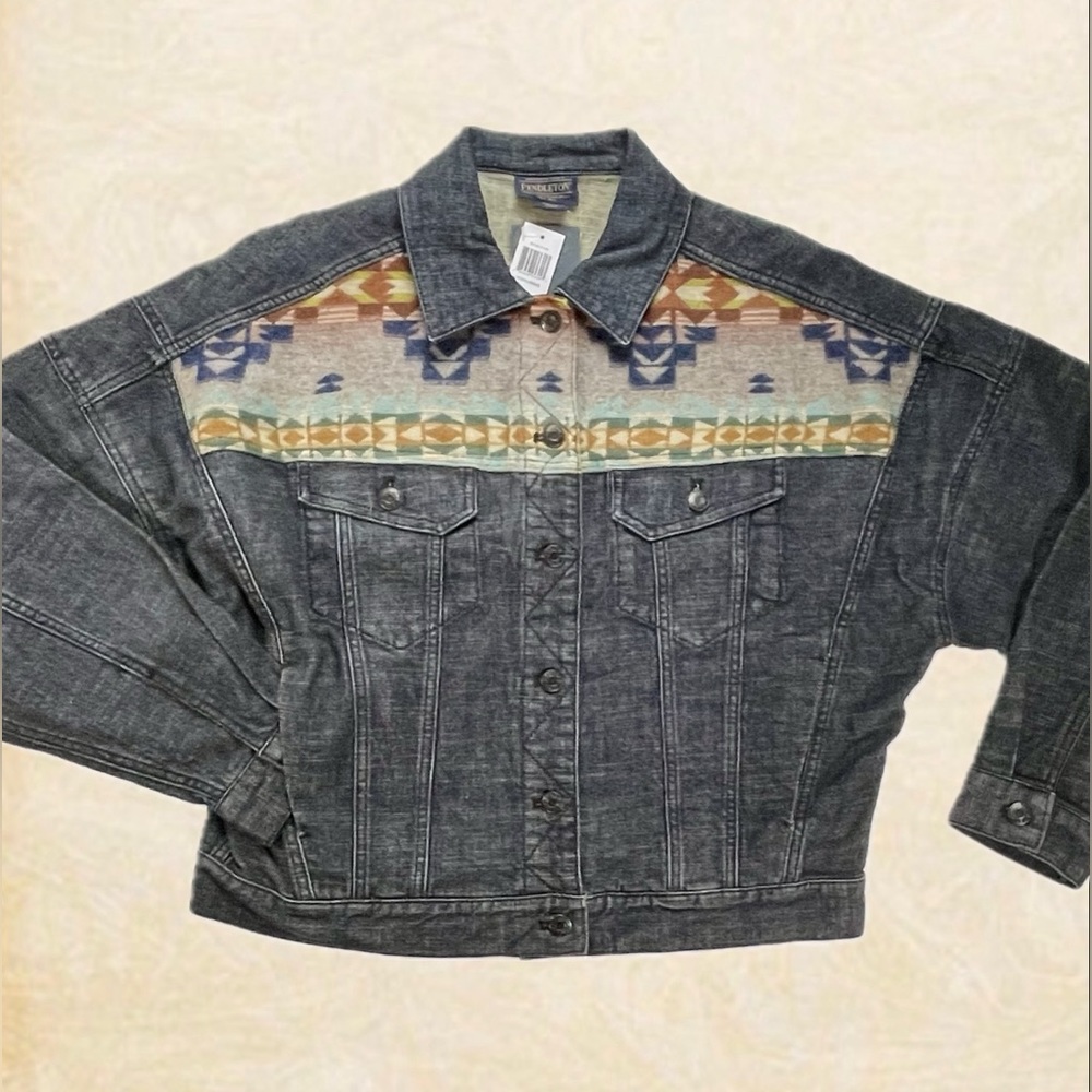 Pendleton Women’s Oversized Denim / Jacquard Virgin Wool Cropped Bomber Jacket